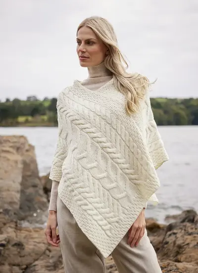 Supersoft Merino Wool Cable Poncho in Natural